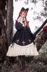 Black Retro Doll Collar Chest Bow Cross Embroidery Print Dark Girl Gothic Lolita OP Dress (Plus Size Version)